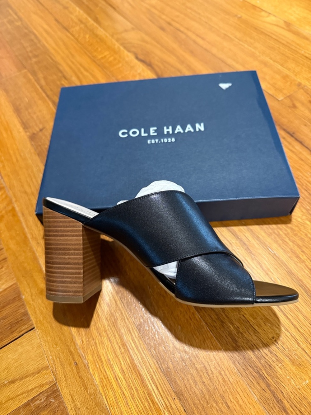 Cole Haan Black Leather Crossover Block Heel Mule